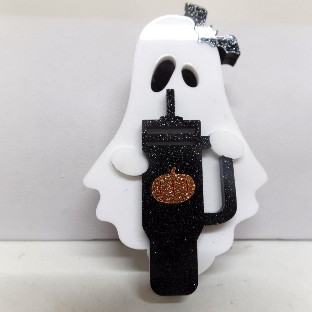 Acrylic Ghost with Latte Halloween Brooch Pin